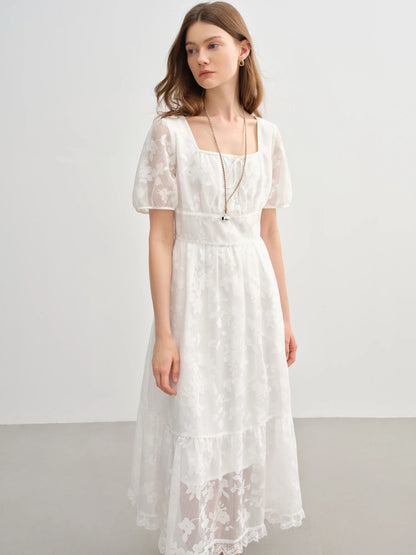 Plus Size White Burnout Dress Elegant Square Neck Summer Loran