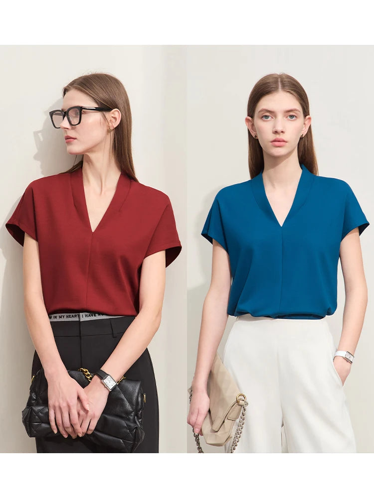 AMII Minimalism 2025 Summer Women's T-shirt Classic Style Casual V-neck Short Sleeve Solid Stretch Female Tops & Tees 12312013 Loran