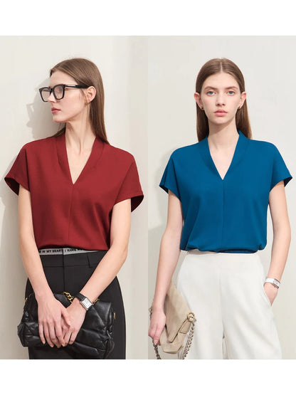 AMII Minimalism 2025 Summer Women's T-shirt Classic Style Casual V-neck Short Sleeve Solid Stretch Female Tops & Tees 12312013 Loran