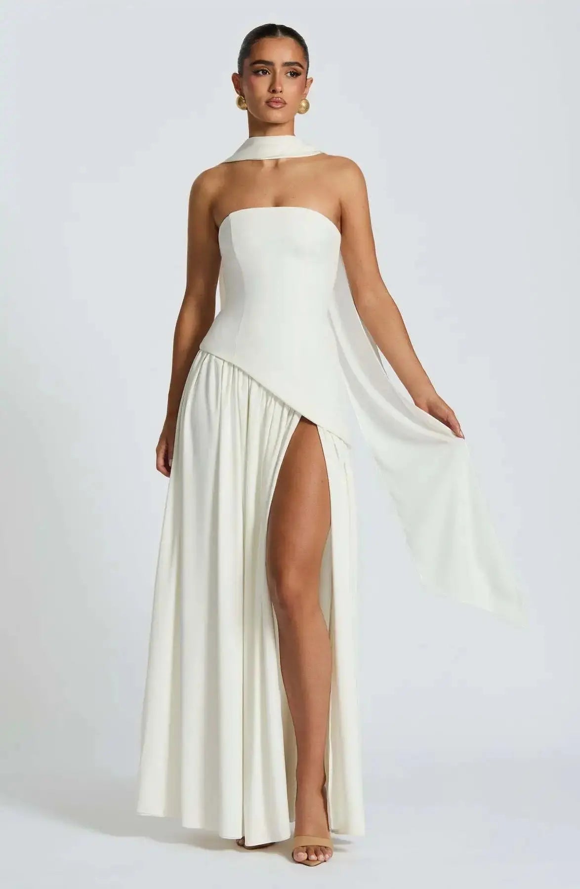Sleek Solid Tube Top Maxi Dress with High Slit - Loran