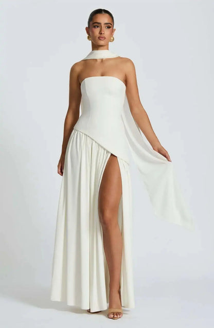 Sleek Solid Tube Top Maxi Dress with High Slit - Loran