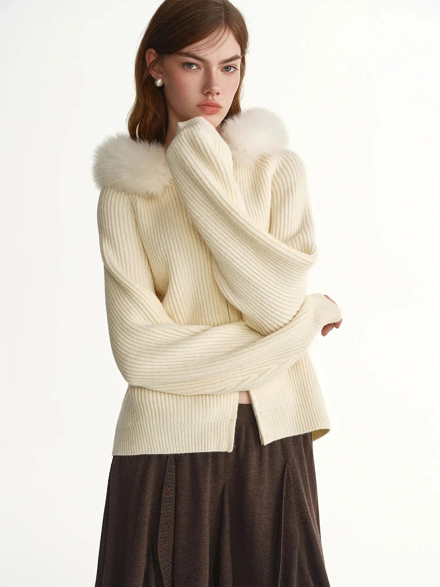 DUSHU 2025 Winter Women's Detachable Faux Fur Hooded Knit Cardigan - Long Sleeve Open Front Cozy Sweater for Casual Outerwear LORAN STORE