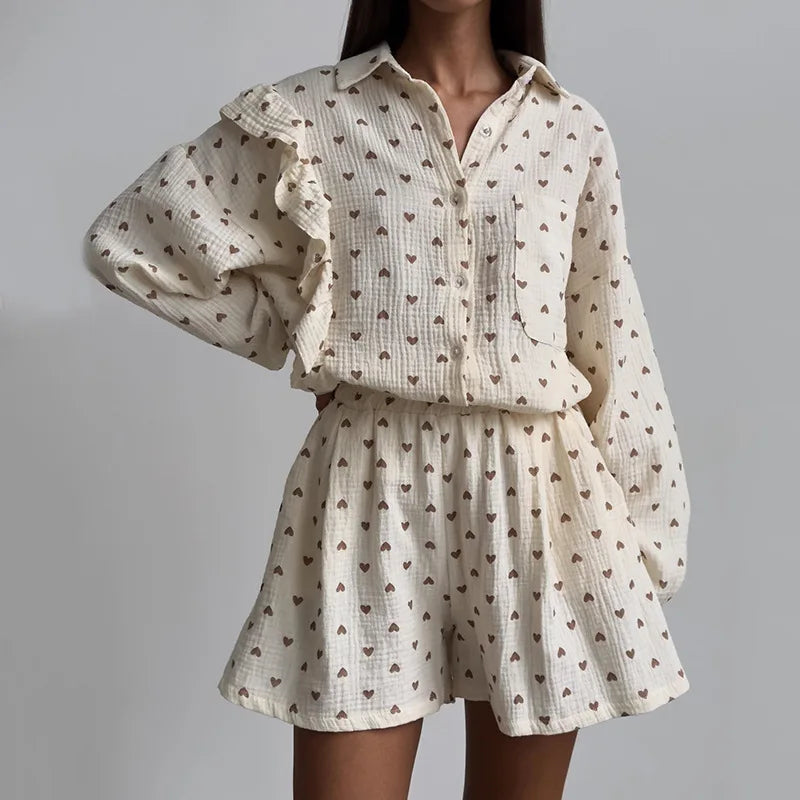 Women’s Love Print Cotton Linen Pajama Set with Shorts Loran