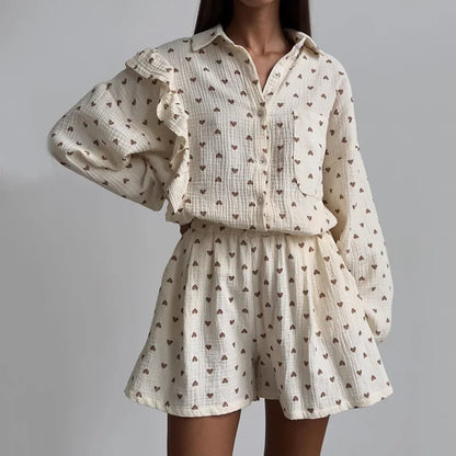 Women’s Love Print Cotton Linen Pajama Set with Shorts Loran
