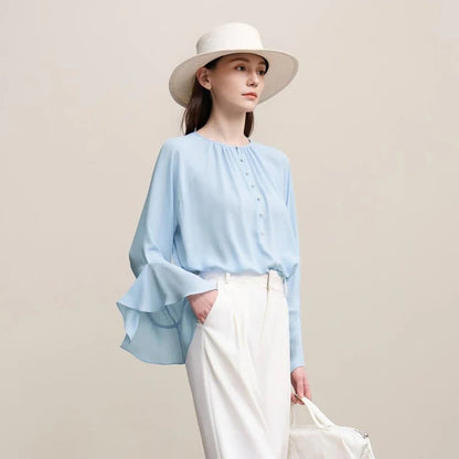 Amii Women Blouse 2026 Spring New O-Neck Raglan Flare Sleeve Chiffon Shirt Versatile Elegant Women's Long Sleeve Top 12621052 Loran