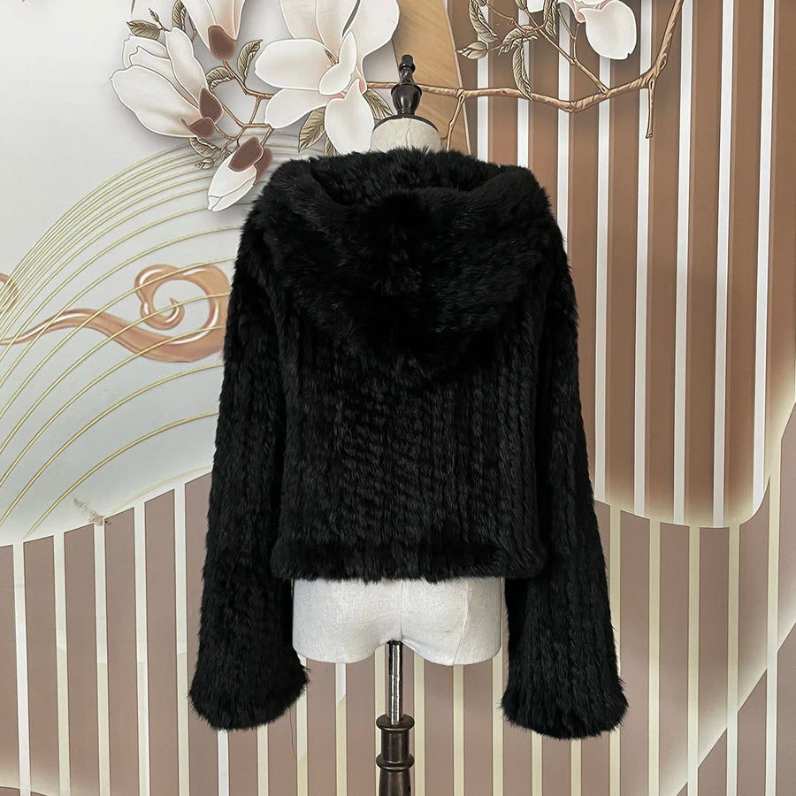 Luxurious Rabbit Fur Knit Hooded Coat