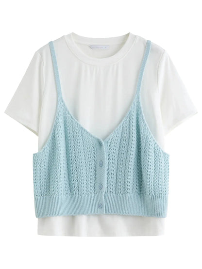 Women's Slim Woven T-Shirt & Suspender Two-Piece Set - Loran