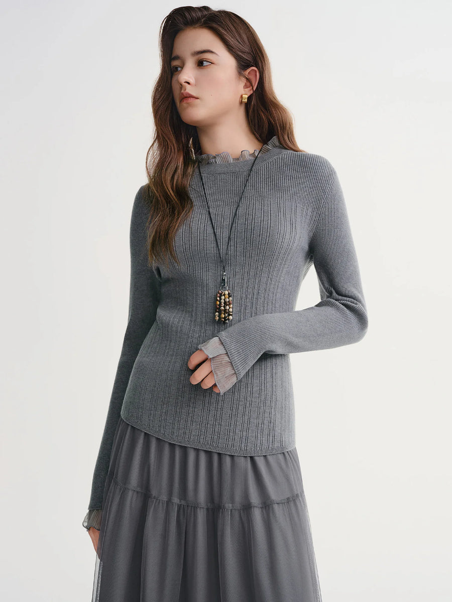 Chic Plus Size Lace Collar Knit Top - Slimming Winter Base Layer