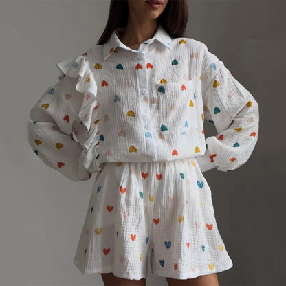 Women’s Love Print Cotton Linen Pajama Set with Shorts Loran