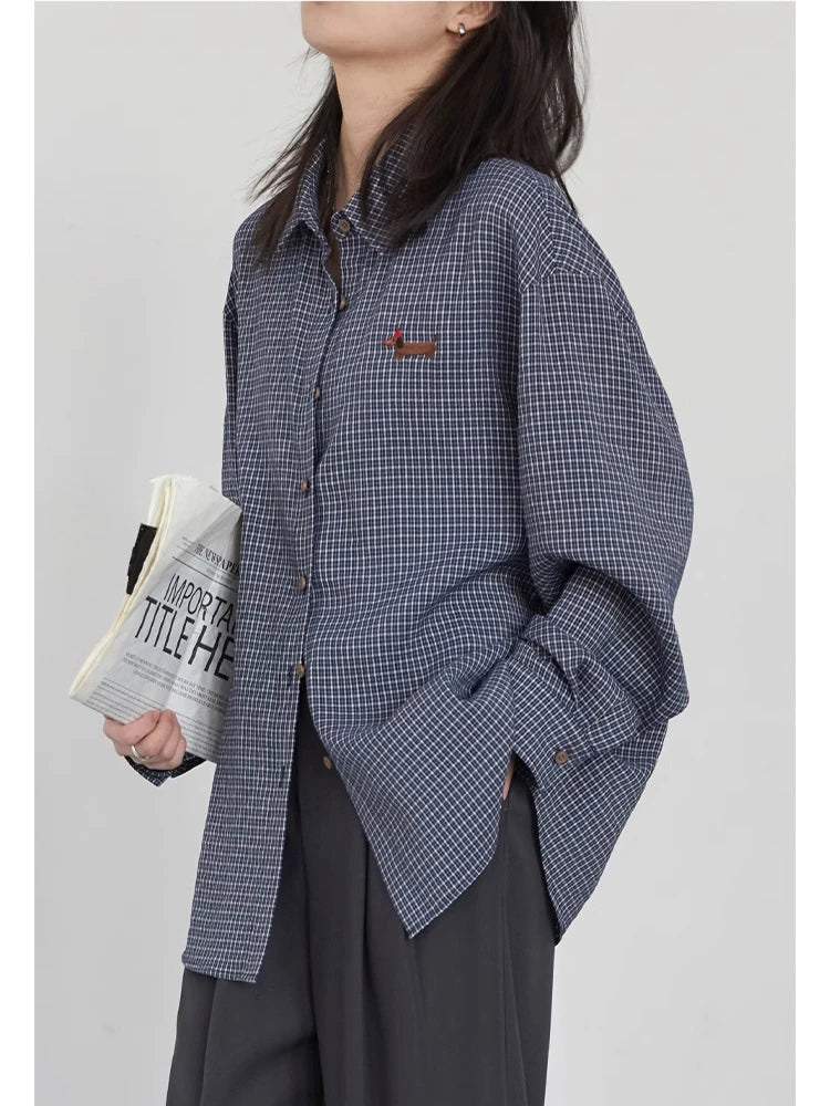 Retro Plaid Embroidered Blouse Loose Casual Long Sleeve Loran