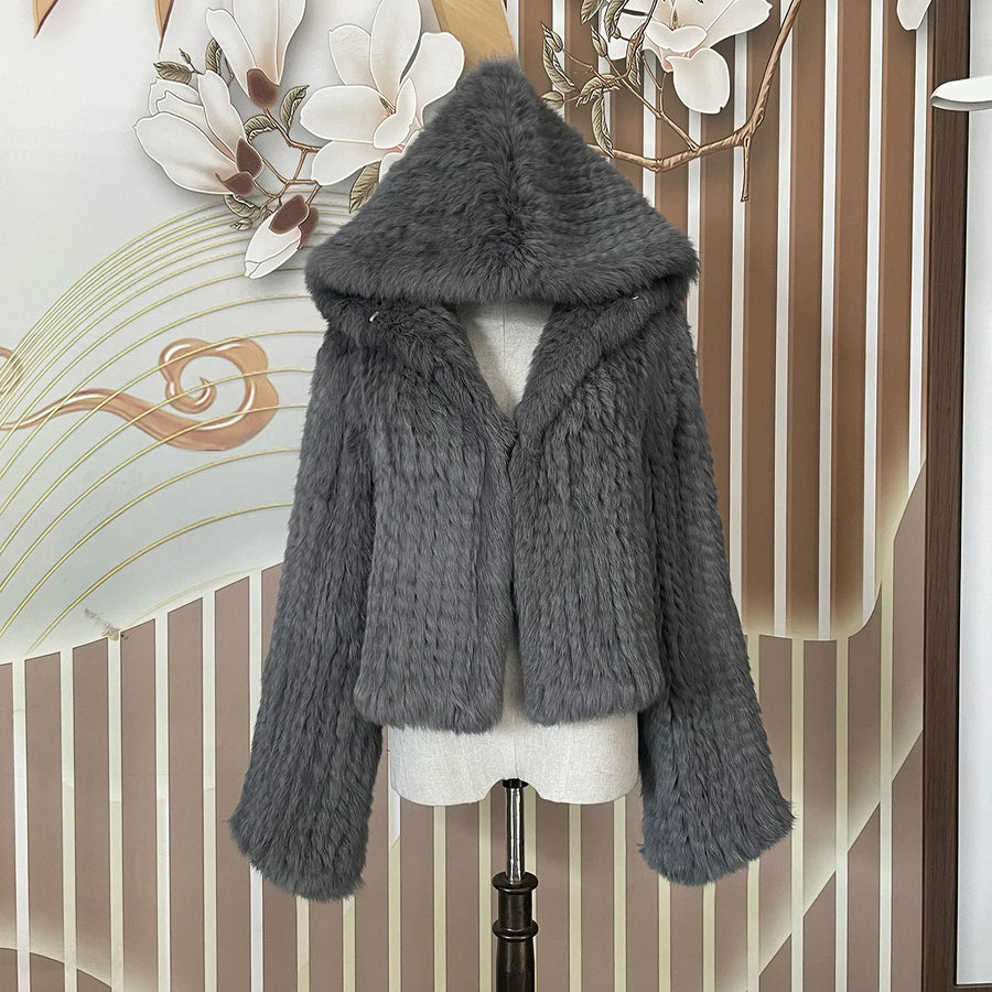 Luxurious Rabbit Fur Knit Hooded Coat