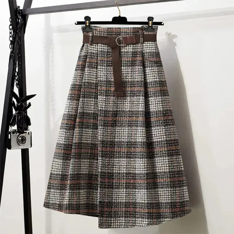 Irregular Hem Wool-Blend Plaid Midi Skirt - Loran