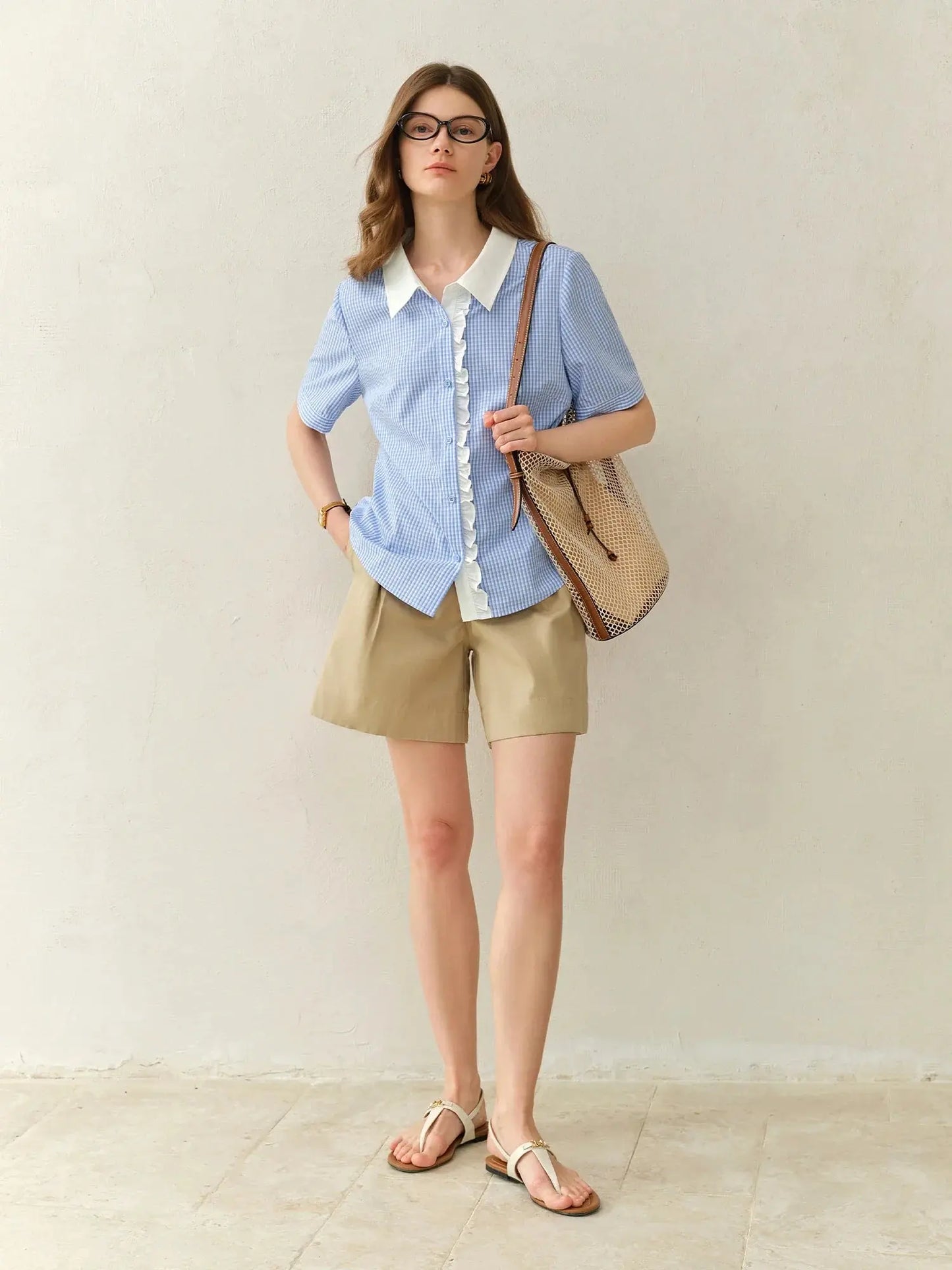 Plus Size Blue Plaid Retro Lace Shirt LORAN STORE