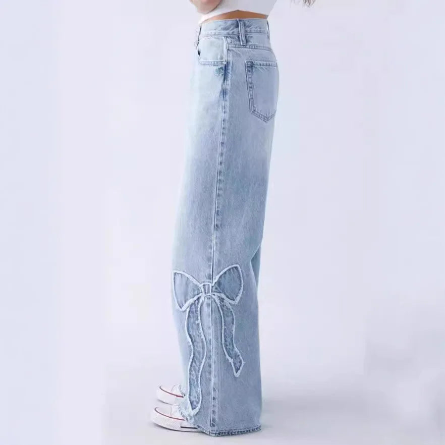 Vintage Wide-Leg Denim with Bow Embroidery