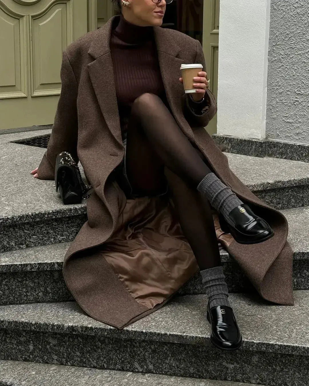 Chic Wool Long Coat with Shoulder Pads - Loran