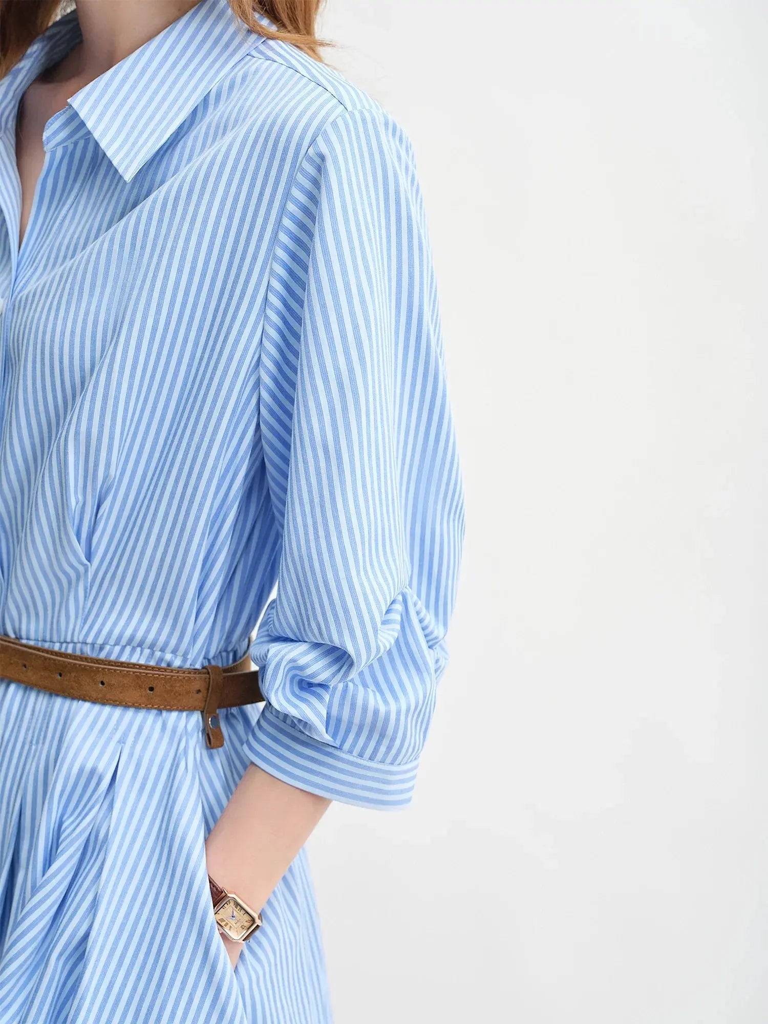 Waist-Defined Pleated Shirt Dress in Blue and White Stripe - Loran