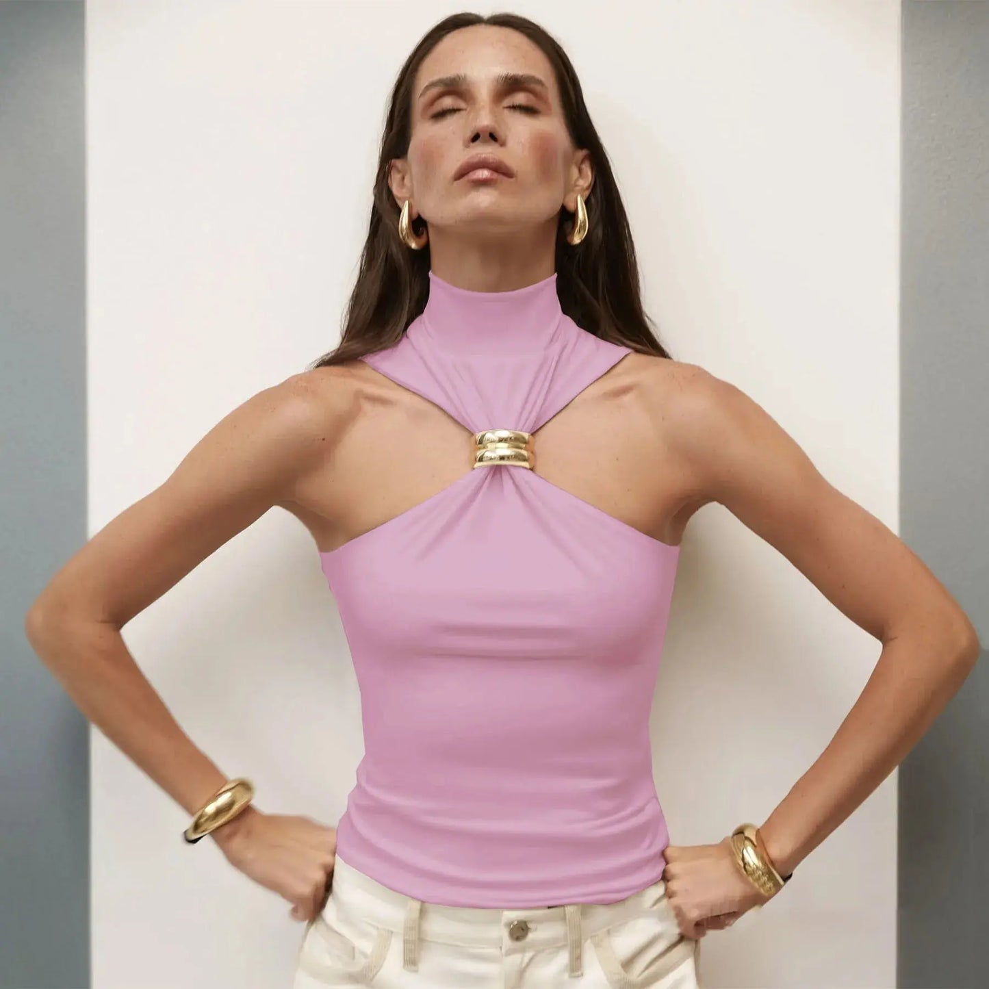 Sleeveless Knit Turtleneck Top with Metal Ring - Loran