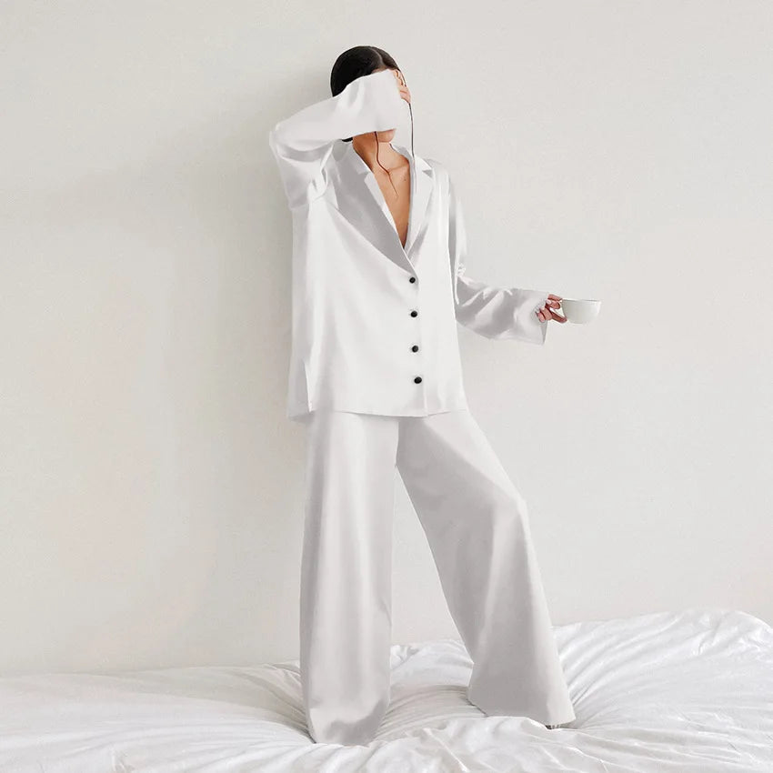 Oversized Satin Silk Pajama Set: Long Sleeve & Wide Leg Pants Loran