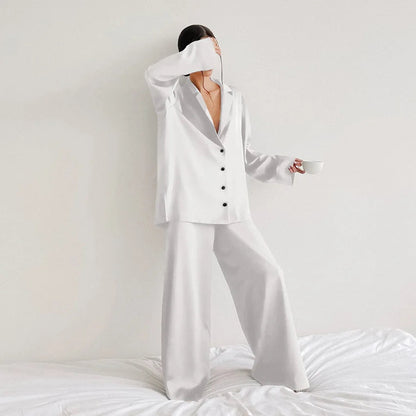 Oversized Satin Silk Pajama Set: Long Sleeve & Wide Leg Pants Loran