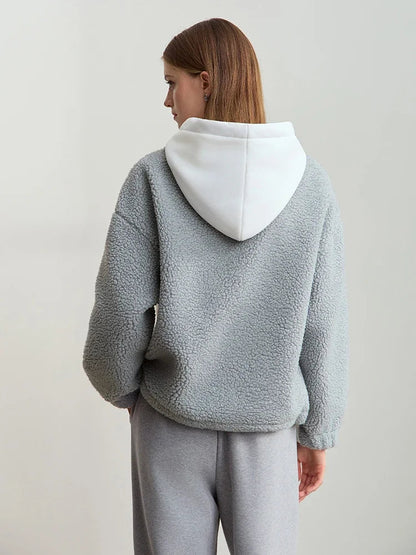 Embroidered Drawstring Faux Lamb Wool Sweatshirt