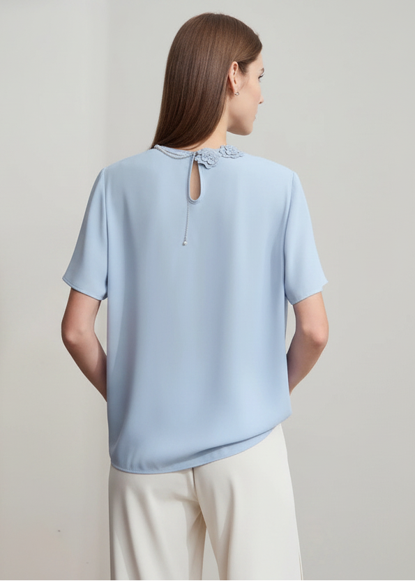 Amii Minimalist Premium Chiffon Shirt Women 2025 Summer Round neck Office Lady flower Chain Ruffles Solid color Blouse 12542251 Loran