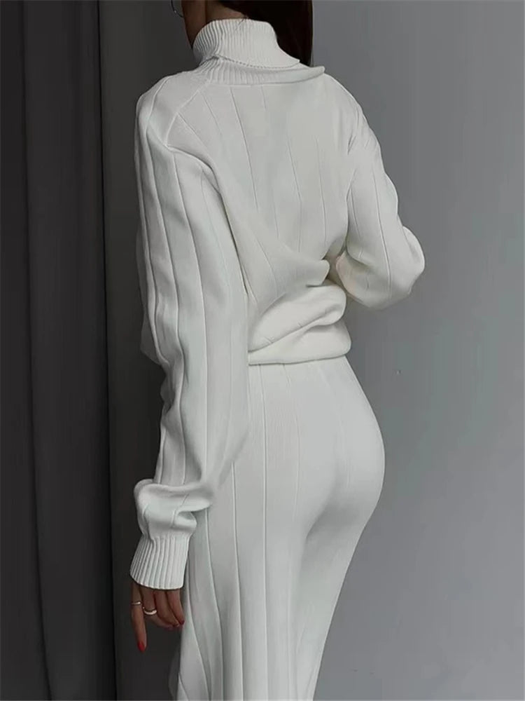 Women's White Knitted Turtleneck & Jogger Pant 2-Piece Set