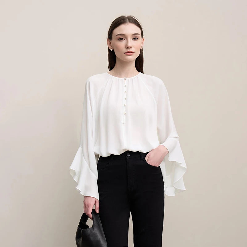 Amii Women Blouse 2026 Spring New O-Neck Raglan Flare Sleeve Chiffon Shirt Versatile Elegant Women's Long Sleeve Top 12621052 Loran