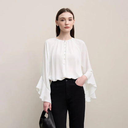 Amii Women Blouse 2026 Spring New O-Neck Raglan Flare Sleeve Chiffon Shirt Versatile Elegant Women's Long Sleeve Top 12621052 Loran