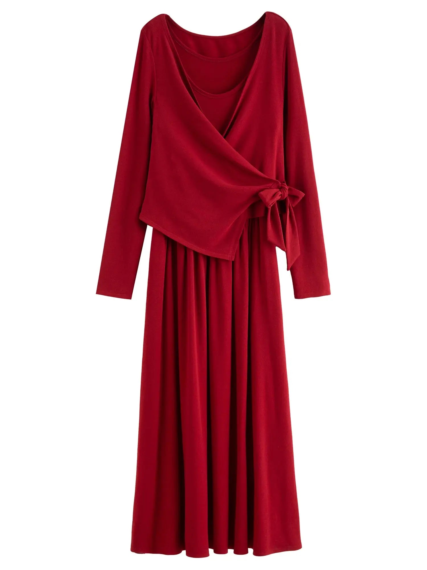 Women's Red Tie-Front Cardigan & Dress Set | Two-Piece Slim Fit - Loran