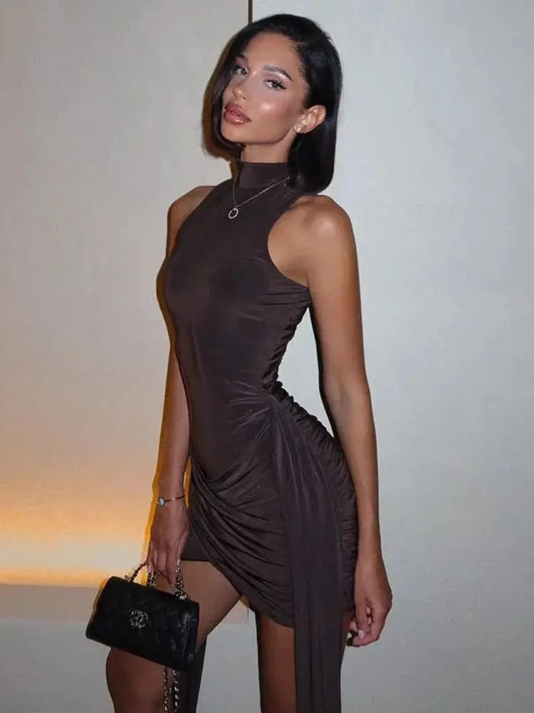 Elegant Sleeveless Turtleneck Mini Dress with Irregular Ruched Detail - Loran