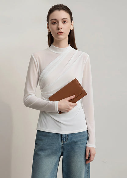 AMII T Shirts Women 2025 Autumn New O-Neck Slim Versatile Lady Knitted Tops Long Sleeve Sexy See-through Mesh T-shirt 12543162 Loran