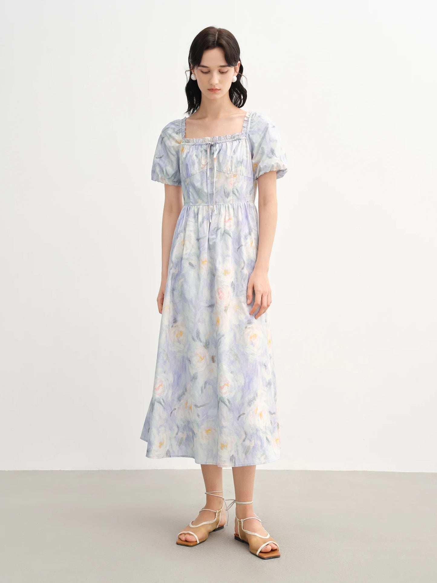 French Romantic Painting Summer Dress Sweet Waist Midi Loran