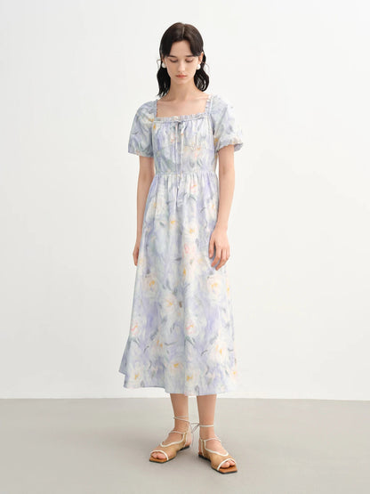 French Romantic Painting Summer Dress Sweet Waist Midi Loran