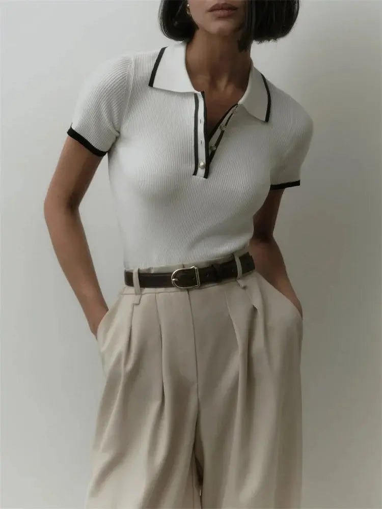 Contrast Patchwork Knit Top with Lapel Collar - Loran