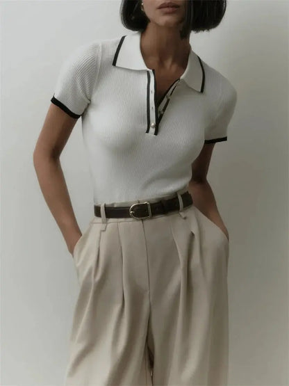 Contrast Patchwork Knit Top with Lapel Collar - Loran