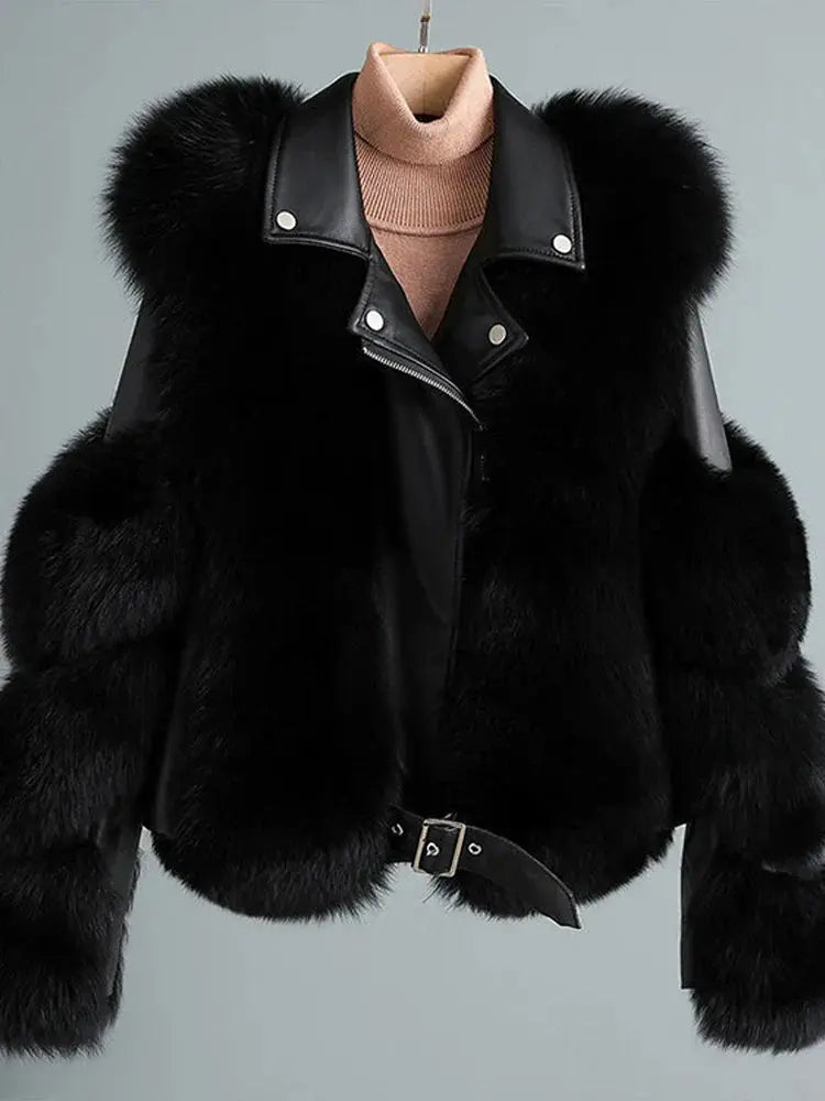 Faux Fur Jacket Patchwork Long Sleeve Pu Leather Fluffy - Loran