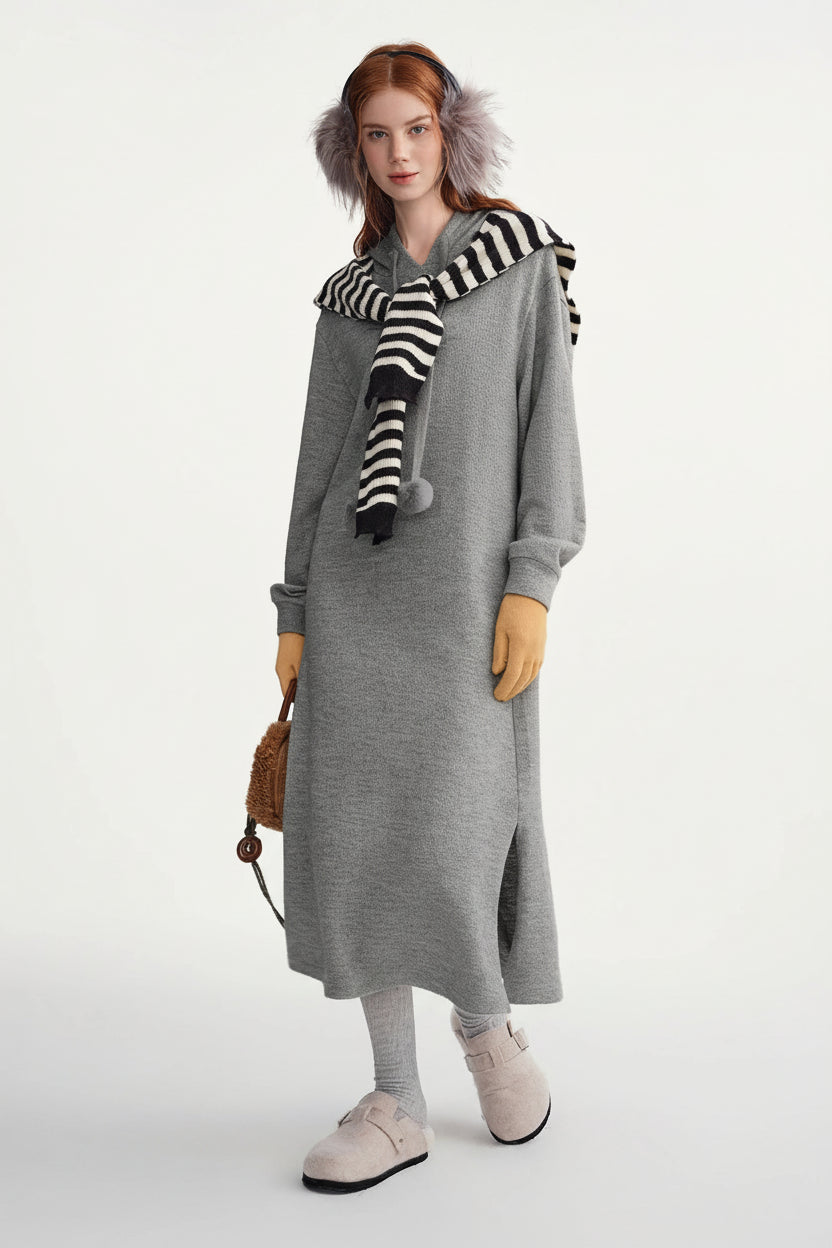 Hooded Knit Dress Drawstring Waist Winter Tunic