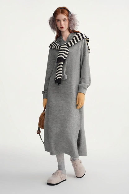 Hooded Knit Dress Drawstring Waist Winter Tunic Loran