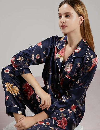 19MM 100% Mulberry Silk Pajamas Women Silk Sleepwear Lady Long-sleeved TrousersTwo-piece Spring Summer  Loose Sexy Home Clothes Loran
