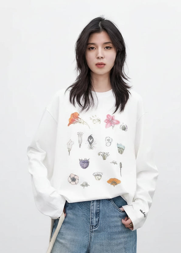 Floral & Fruit Print Long Sleeve T-Shirt Cotton Tee