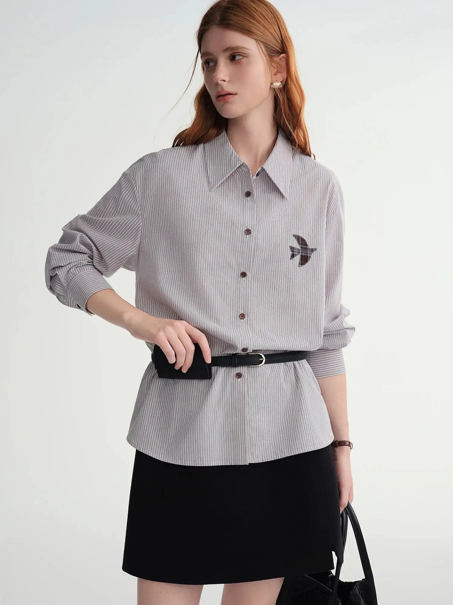 Plus-Size Birds Appliqué Checkered Stripe Shirt - Loran