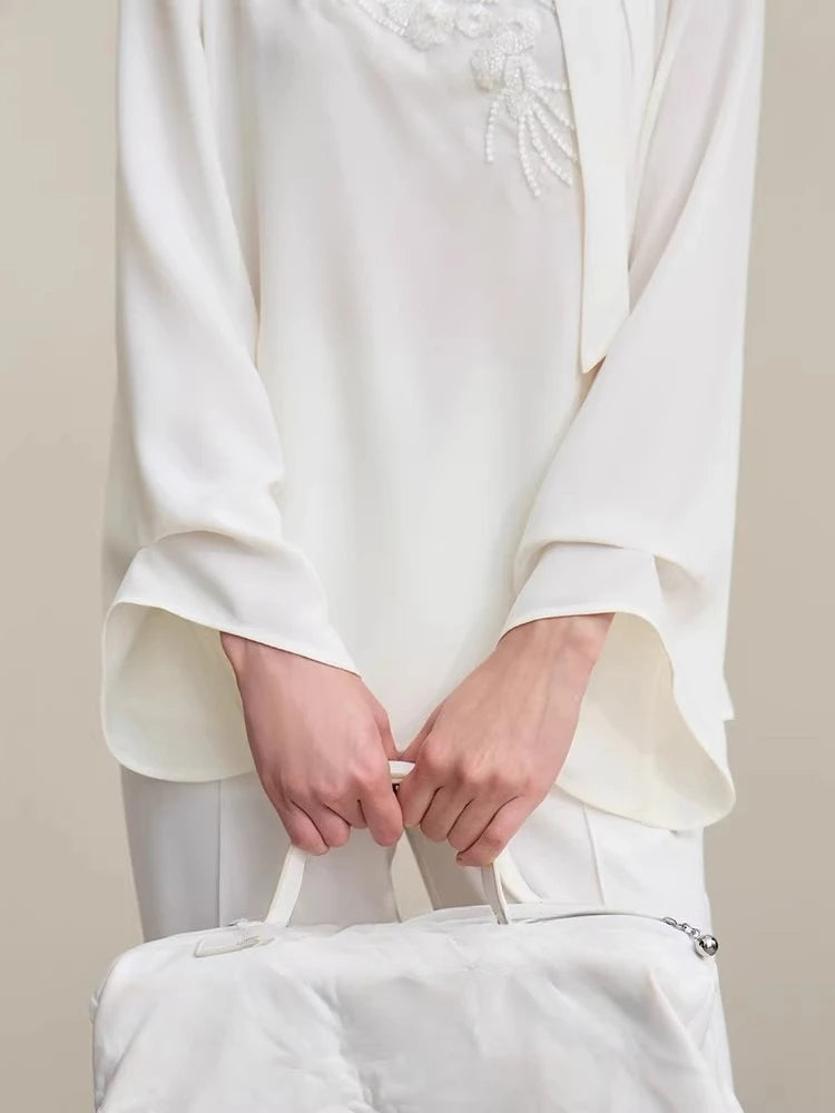 Amii Elegant Blouse For Woman 2026 Spring New Commuter Stand-up Collar Embroidered Chiffon Shirt Women's Loose Tops 12621027 Loran
