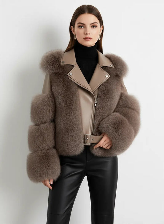 Faux Fur Jacket Patchwork Long Sleeve Pu Leather Fluffy - Loran