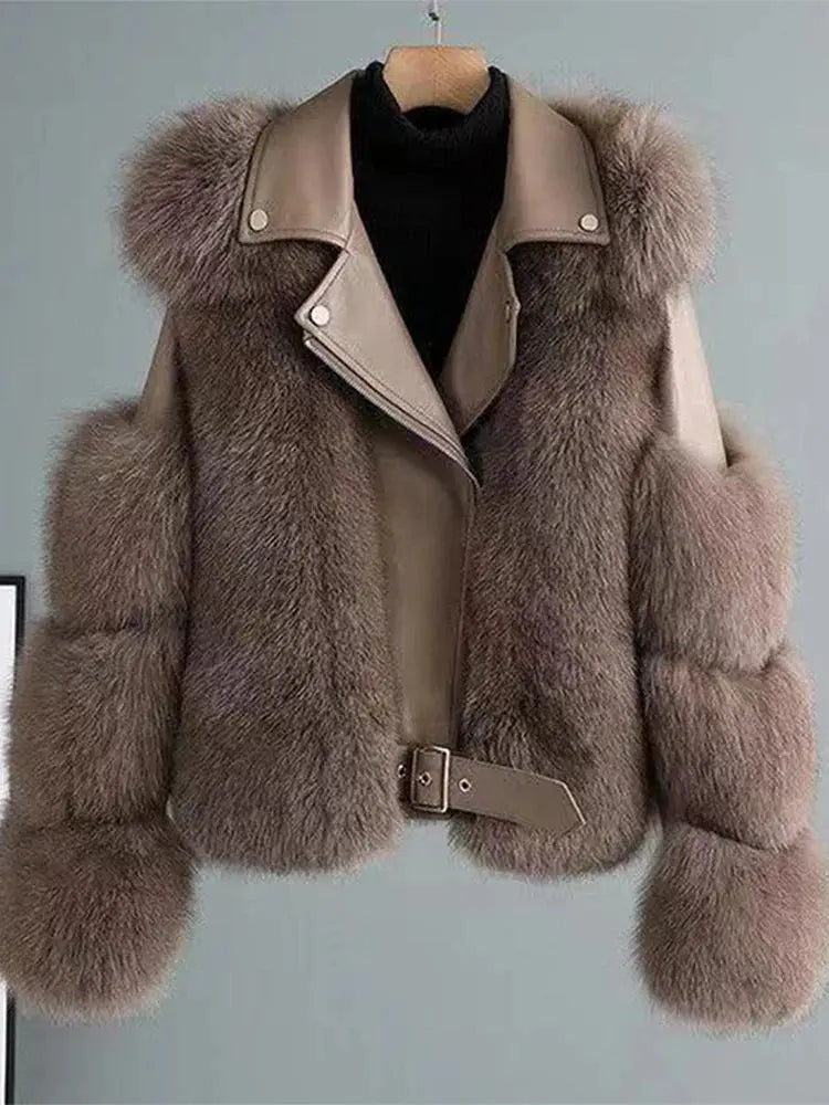 Faux Fur Jacket Patchwork Long Sleeve Pu Leather Fluffy - Loran