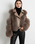 Faux Fur Jacket Patchwork Long Sleeve Pu Leather Fluffy