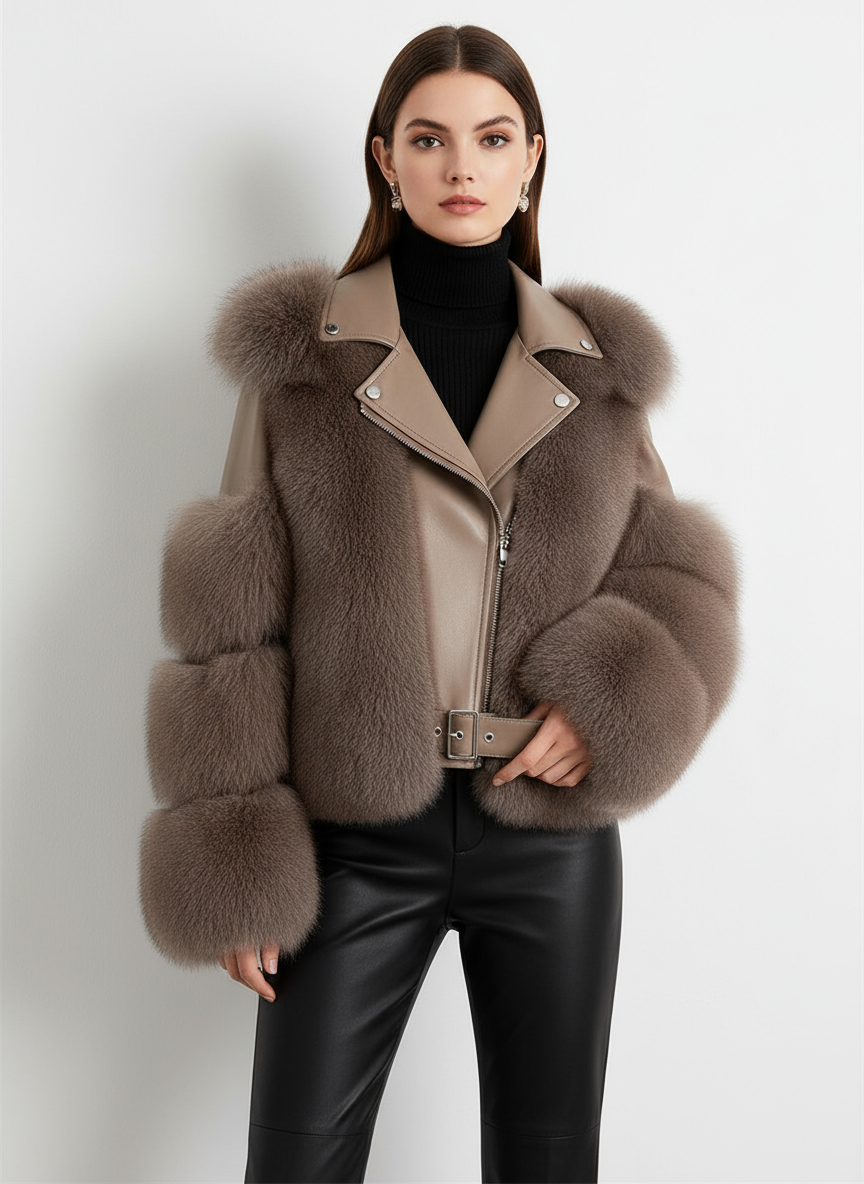 Faux Fur Jacket Patchwork Long Sleeve Pu Leather Fluffy