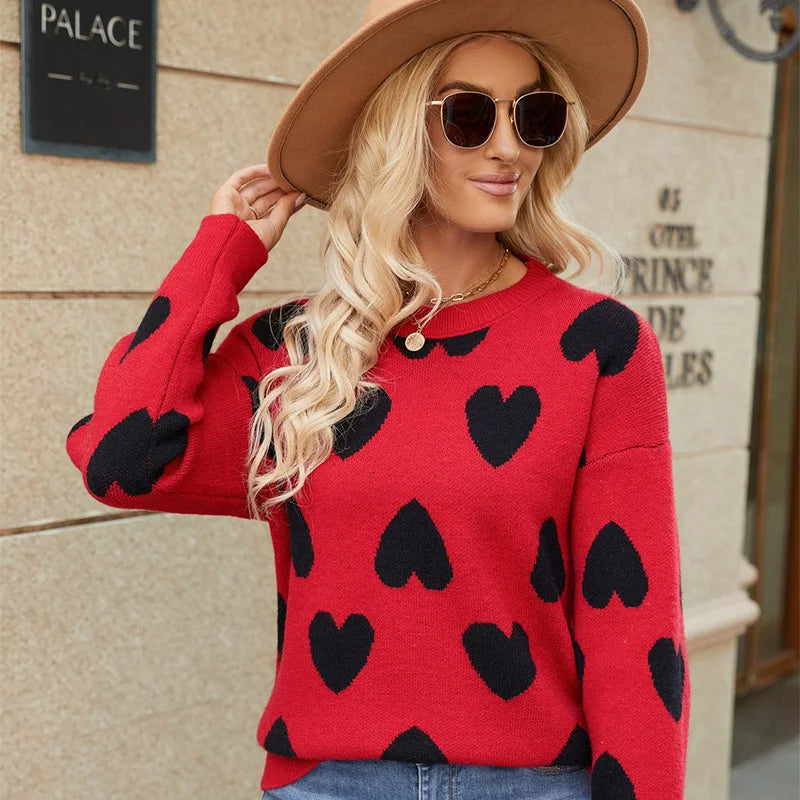 Mix Color Heart Knitted Jumper: Long Sleeve O-Neck Sweater for Women