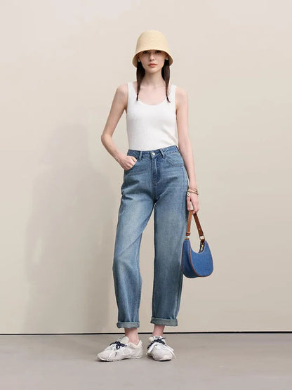 Amii Straight-leg Pants 2026 Spring New Solid Color Casual Washed Denim Trousers Versatile Basic Cotton Women's Pants 12621040 Loran