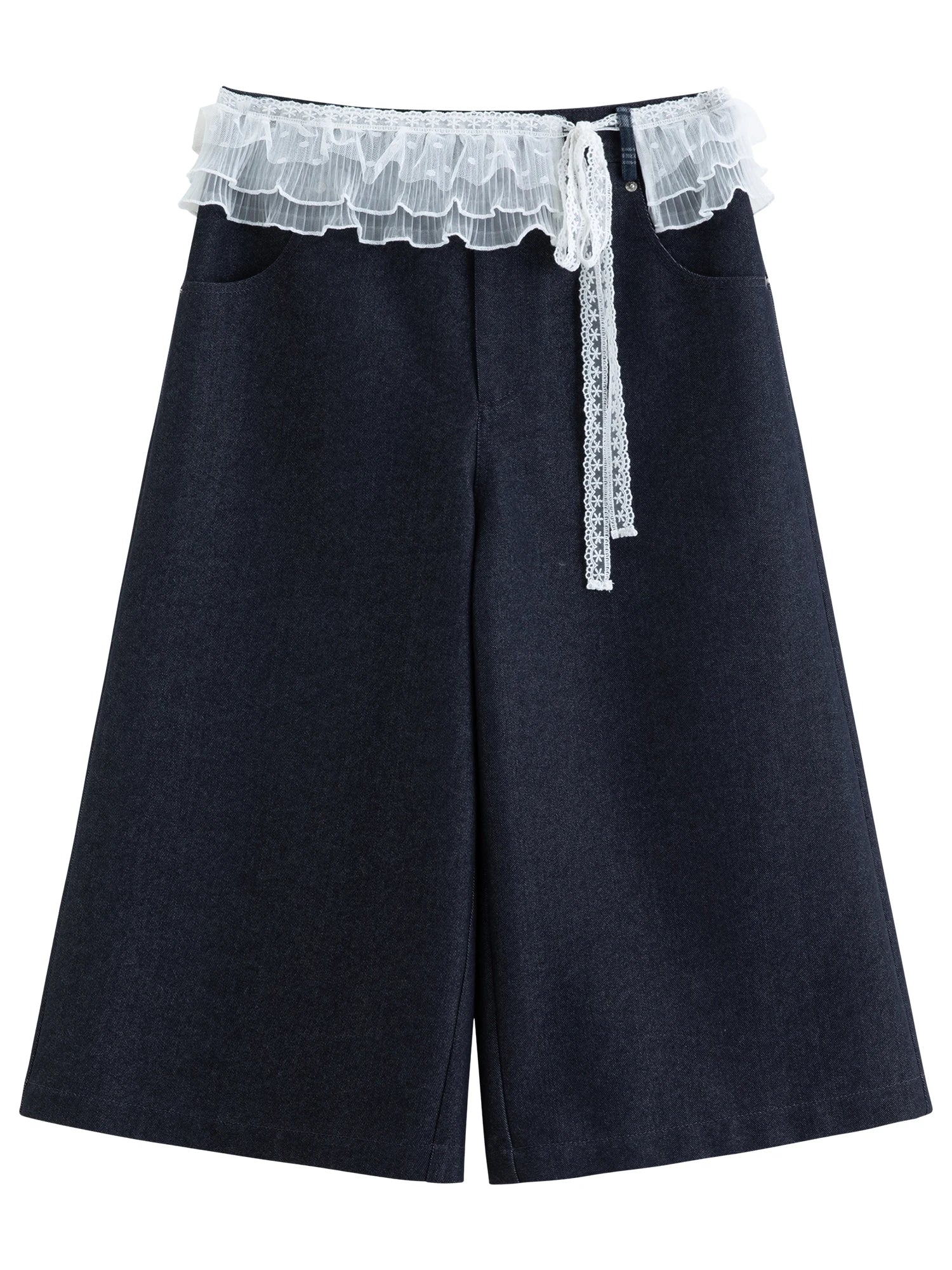 Women's Lace Overlay Cropped Jeans High Waist Straight Leg Loran