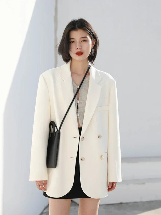 Double-Breasted Office Blazer Stylish Mid-Length Coat Loran